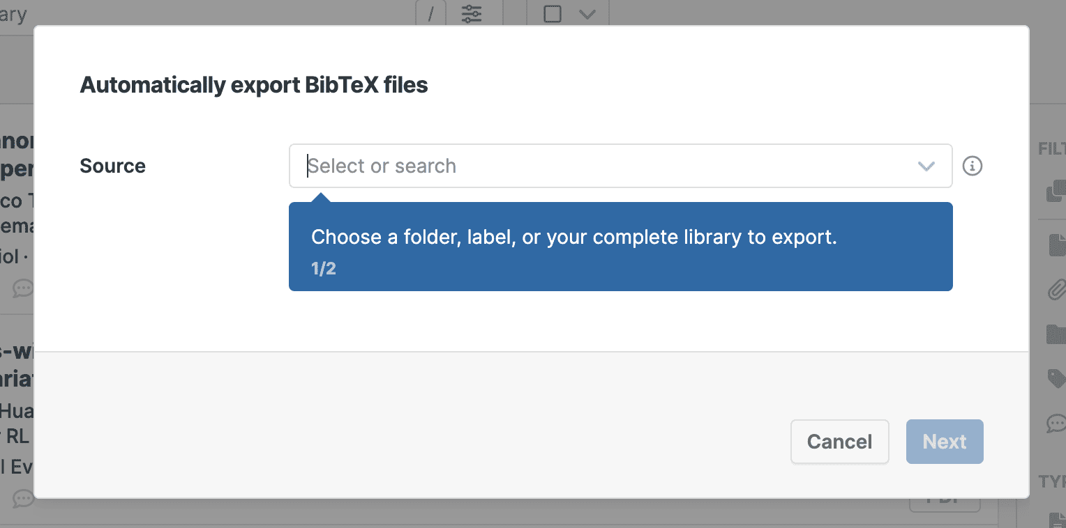 Step 1 of the “Automatically export BibTeX files” wizard, with an empty Source selector and a blue tip reading “Choose a folder, label, or your complete library to export.”